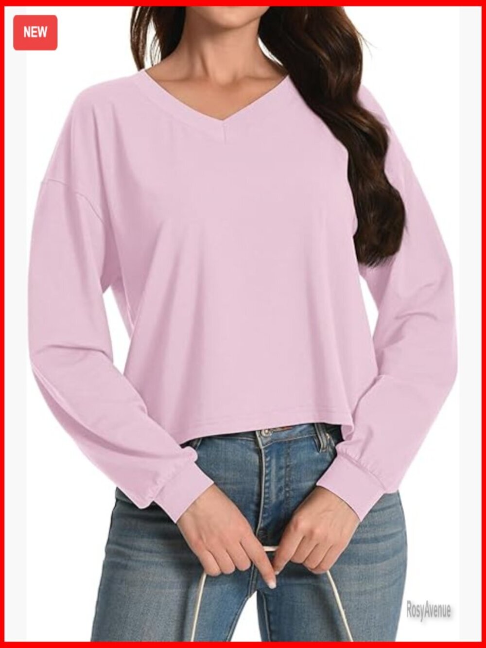 Long Sleeve V-Neck Crop Top Loose Fit Cotton Spandex Active Casual Tee